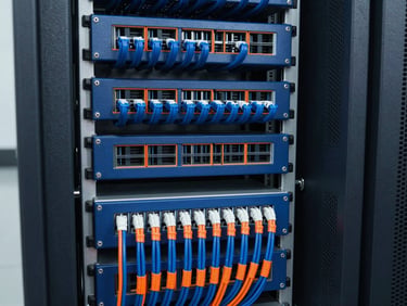 Neatly organized server rack with perfectly managed structured cabling, crisp technical lighting, deep blues and safety orange accents.