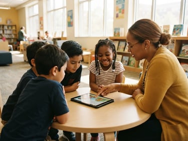 A teacher guiding a small reading group in a bright Columbus library, pointing at a tablet screen with a smiling child, warm natural window light, 35mm lens