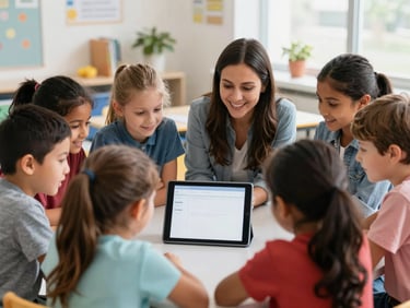 A diverse group of children and an educator in a modern Ohio classroom, gathered around a tablet screen, bright natural lighting, authentic smiles, 35mm lens.