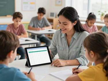 An Ohio schoolteacher looking at a tablet screen with structured reading progress graphs in a modern classroom, bright lighting