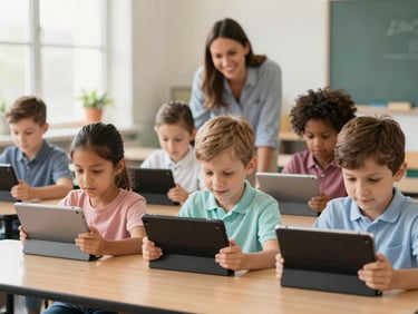 Diverse children using tablets for reading in a brightly lit Ohio classroom, guided by a smiling teacher in the background, warm natural light.