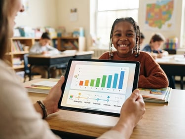 A clean digital tablet screen showing a child's reading progress chart with colorful bar graphs, simple reading level markers, and a warm editorial photo of an Ohio student smiling in the background.