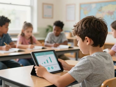 A young boy using a tablet in a sunny Cleveland classroom, showing a progress screen with reading milestones, warm natural light
