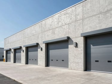 Modern commercial warehouse exterior with high concrete walls and steel doors, bright daylight, clean architectural lines