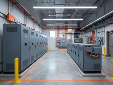 Wide-angle architectural shot of a modern industrial utility room with sleek slate gray Forvolt battery cabinets, cool clean studio lighting, safety orange accents, 50mm