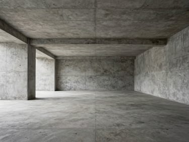 Wide interior view of a bare concrete hall — room proportions and spatial sequence visible, even north-facing light, no furnishings or people