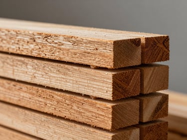 Macro detail of rough-sawn timber planks stacked horizontally, north-facing studio light revealing grain and saw marks, warm ochre tones against a neutral grey background, no people, no context objects