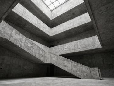 Wide environmental shot of an empty concrete stairwell, tall proportions, diffuse north light from a high clerestory, no people, strong orthogonal geometry, neutral grey tones