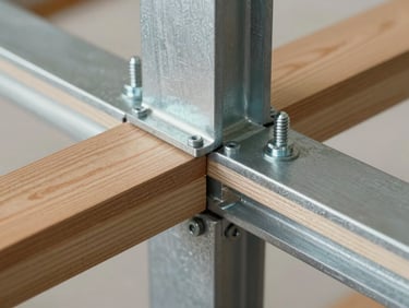 Macro detail of a steel-to-timber structural junction under studio lighting — fasteners, layering, and assembly logic fully legible, no decorative framing