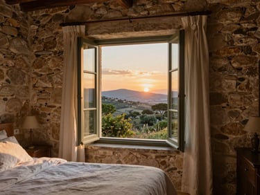 A rustic stone villa bedroom with open windows looking out to a Mediterranean landscape at sunset, linen curtains blowing softly.