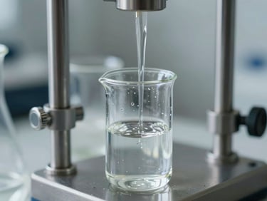 Technical macro close-up of clear chemical liquid in precise laboratory glassware, cool daylight, sharp focus, steel tones