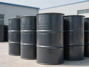 Industrial bulk chemical storage drums stacked in a clean, modern warehouse facility, bright cool daylight, sharp focus, 35mm.
