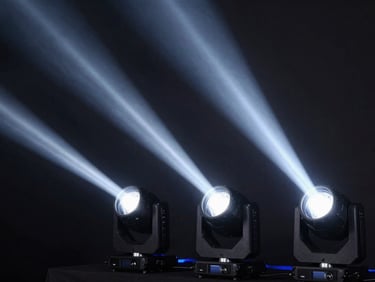 Professional LED moving head stage light with sharp beams, dark environment, electric blue light accents
