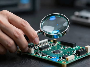 Close-up of an engineer's hand inspecting a circuit board with a magnifying glass, blue light reflection, dark industrial background, sharp focus.