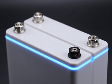 Industrial battery pack with visible high-current connectors, dark background, cool white edge-lighting