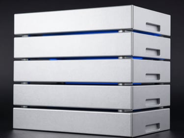 Stack of industrial power supply units, clean profile, dark background with subtle blue edge lighting, studio shot.