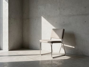 Minimalist interior angle showing a single designer chair in a concrete room, dramatic harsh sunlight shadow, 35mm lens