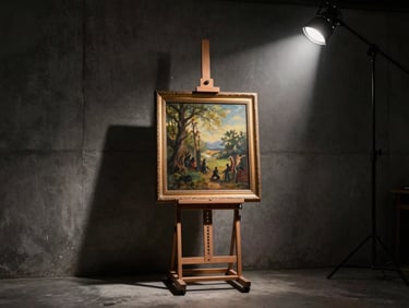 A dimly lit private viewing room with a single spotlight illuminating a framed painting on an easel, concrete wall background, dramatic shadows.