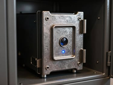 Close-up of a heavy steel offline hardware device secured inside a dark metal locker, subtle blue status light, high-contrast shadows.
