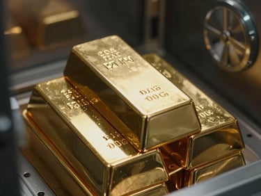 Close-up of physical gold bullion bars stacked inside a dark vault, cool directional lighting highlighting the metallic texture, high contrast.
