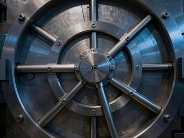 Symmetrical close-up of a heavy brushed steel vault locking mechanism, deep shadows, cool midnight blue highlights, architectural geometric crop.