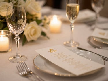 Macro shot of a luxury table setting at a wedding, crystal glassware reflecting warm ambient candlelight, white roses, gold-embossed menu card