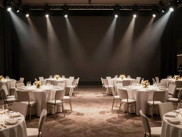 Wide environmental shot of a prestigious corporate gala, dramatic spotlighting against deep charcoal backdrops, modern architectural staging