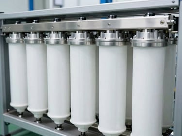 Commercial high-flow water filtration cartridges stacked neatly in a modern facility, clean white and metallic surfaces, sharp focus, 35mm