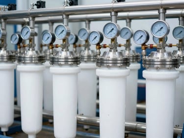 Close-up of industrial water filtration system with stainless steel pipes and pressure gauges, sharp focus, crisp cool daylight, 35mm