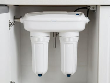 Modern domestic under-sink water filter system with clean white housing, pristine kitchen environment, sharp focus, cool daylight, 35mm