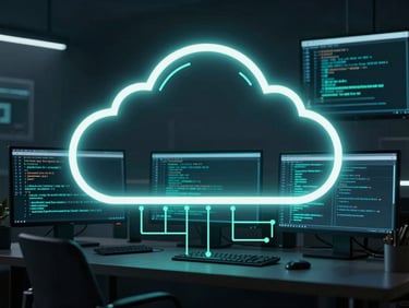 Abstract cloud infrastructure architectural diagram, clean vector lines, neon-teal highlights, dark background, technical schematic