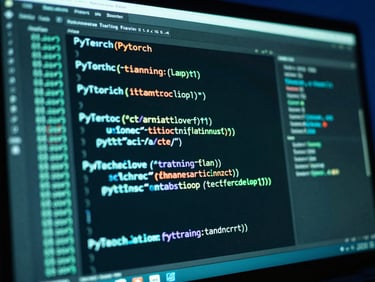 Macro shot of a high-fidelity terminal screen displaying PyTorch training loops, cool neon-teal backlighting, sharp focus on code lines, 35mm.