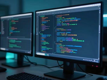 An elegant system architecture diagram on a monitor, cool-toned blue and teal lighting, shallow depth of field