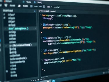 Close-up macro shot of a code editor on a dark screen, showing clean TypeScript functions, subtle neon-teal glow, shallow depth of field, 35mm