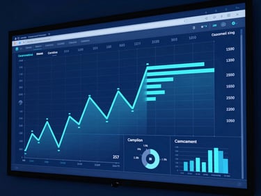 Abstract data visualization on a large screen, displaying real-time campaign performance metrics, sharp corporate photography, cool blue studio lighting, high-contrast deep blues and cyan accents, crisp focus, 35mm.