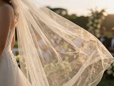 Close-up of a bridal veil caught mid-air against warm golden-hour light, soft fabric texture visible, blurred garden ceremony in the background