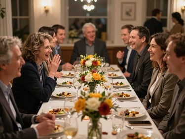 Wide shot of a festive gathering, warm indoor light illuminating a table with guests in candid conversation, glasses and flowers in the foreground, genuine laughter visible