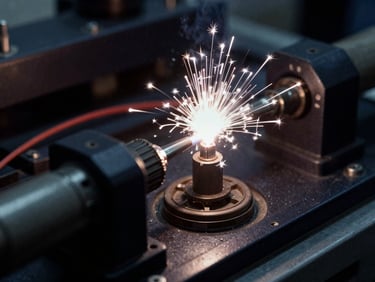 Visual of a laboratory arc-flash engineering test with high-voltage electrical arc illuminating a dark testing chamber, sharp technical focus, 35mm.