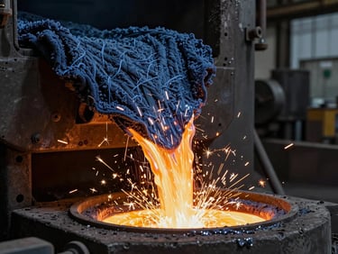 Technical textiles shedding liquid molten iron in a heavy steel foundry setting, dramatic industrial sparks, high-contrast lighting, 35mm.