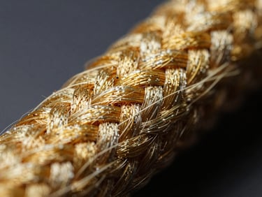 Macro-texture close-up of woven golden aramid fibers, high-contrast technical lighting, sharp focus on fiber textures, 35mm
