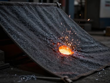 Dramatic industrial backlighting in a steel foundry, molten orange liquid metal splashing onto a dark protective fabric sheet held at a 45-degree angle, sparks flying, sharp focus on the fabric texture, 35mm