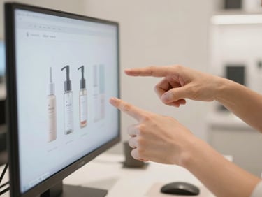 Close-up of hands pointing at product layout on a screen in a minimal retail studio, clean background, soft diffused natural light