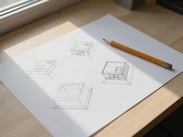 Overhead shot of a desk with printed wireframe sketches and a pencil, natural window light from above-left, minimal shadows, white paper on light wood surface, no people visible, clean composition