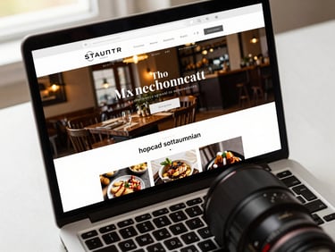 Close-up overhead shot of a laptop screen displaying a clean restaurant website homepage, warm white desk surface, natural daylight from the left