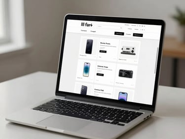 Laptop screen showing an e-commerce product listing page with clean grid layout, placed on a minimalist desk with soft daylight from the side