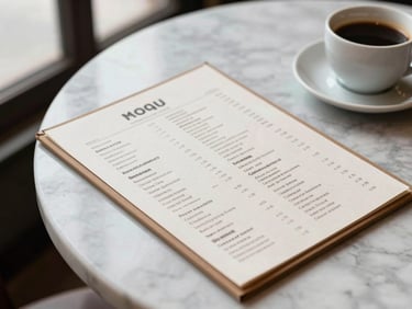 Close-up overhead shot of a restaurant menu and a ceramic coffee cup on a white marble counter, soft natural window light from the left
