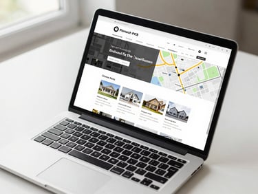 Overhead shot of a laptop displaying a real estate agency website with property listings and map view, clean white surface, diffused window light