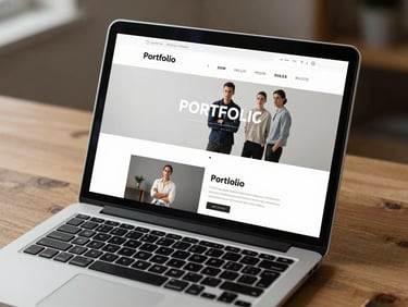 Laptop screen showing a creative professional portfolio website with minimal layout, resting on a wooden desk under natural side light