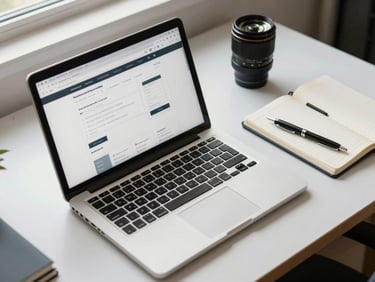 Overhead shot of a clean desk with an open laptop showing a website wireframe, a notebook and pen, natural daylight from a nearby window