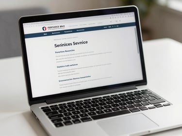 Close-up of a laptop displaying a professional services firm website with clear service sections, placed on a tidy white desk under diffused natural light